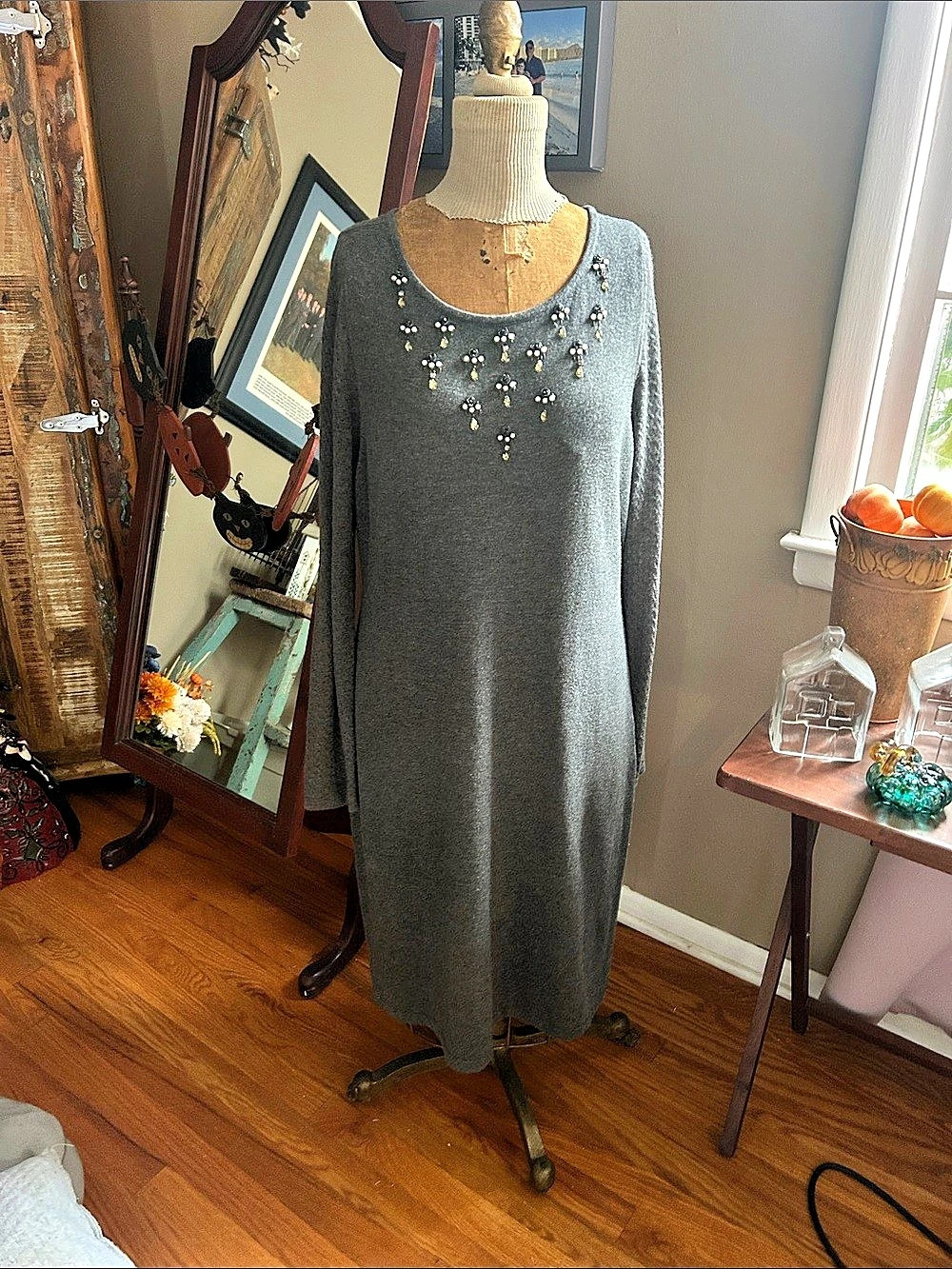 Ann Taylor Embellished Gray Maxi Dress Size Large Like New